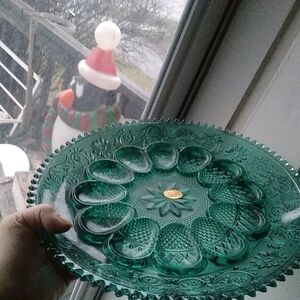 Indiana Tiara Platter Glass Egg. New  Never Used Green Vintage Plate